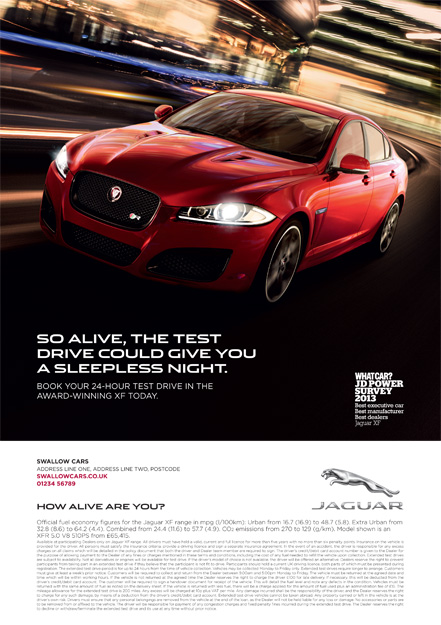 'Press ad for Jaguar XF 24 hour test drive 